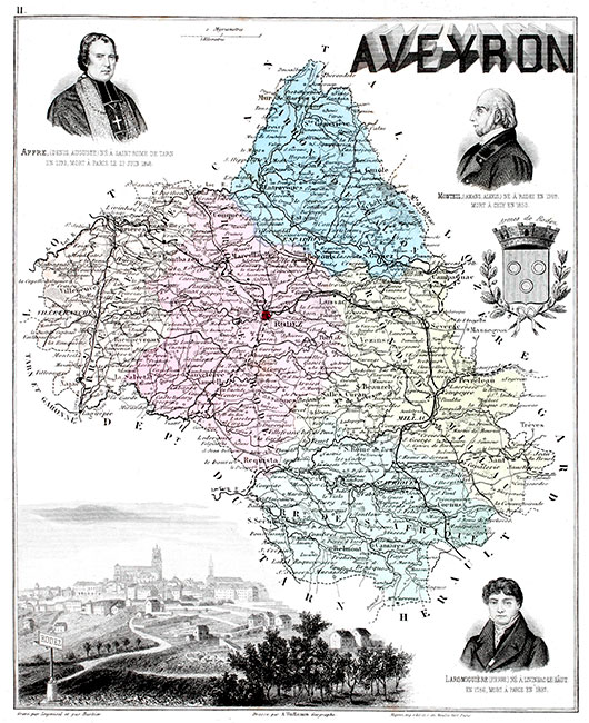 Carte du département de l'Aveyron en 1883 -  gravure reproduite et restaurée numériquement par © Norbert Pousseur
