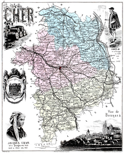 Carte du départeemnt du Cher par Vuillemin en 1883 - gravure reproduite et restaurée numériquement par © Norbert Pousseur