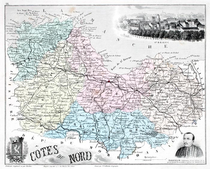 Carte du département des Côtes du Nord - Côtes d'Armor, gravure reproduite et restaurée numériquement par © Norbert Pousseur