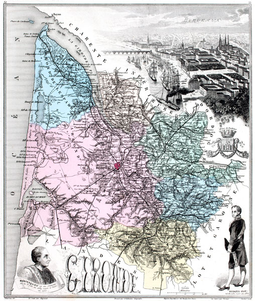 Carte du département de la Gironde en 1883 - gravure reproduite puis restaurée numériquement par  © Norbert Pousseur