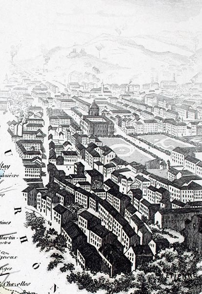 Gravure de la ville de St Etienne, en 1883 - gravure reproduite et restaurée numériquement par © Norbert Pousseur