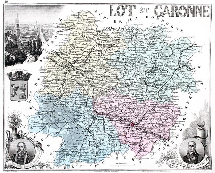 Carte du département de Lot et Garonne en 1883 - gravure reproduite et restaurée numériquement par © Norbert Pousseur