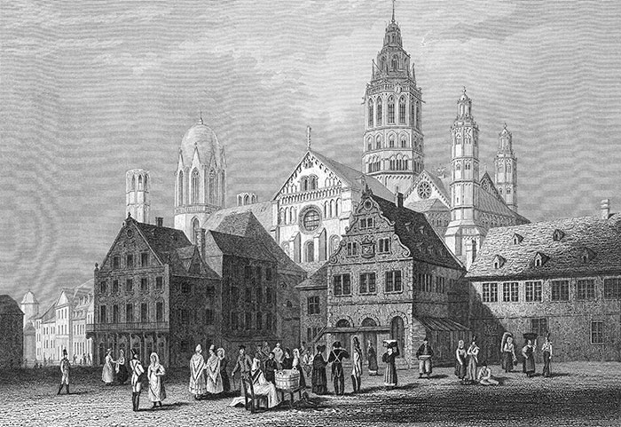 La cathédrale de Mayence vers 1840 - gravure reproduite et restaurée numériquement par © Norbert Pousseur