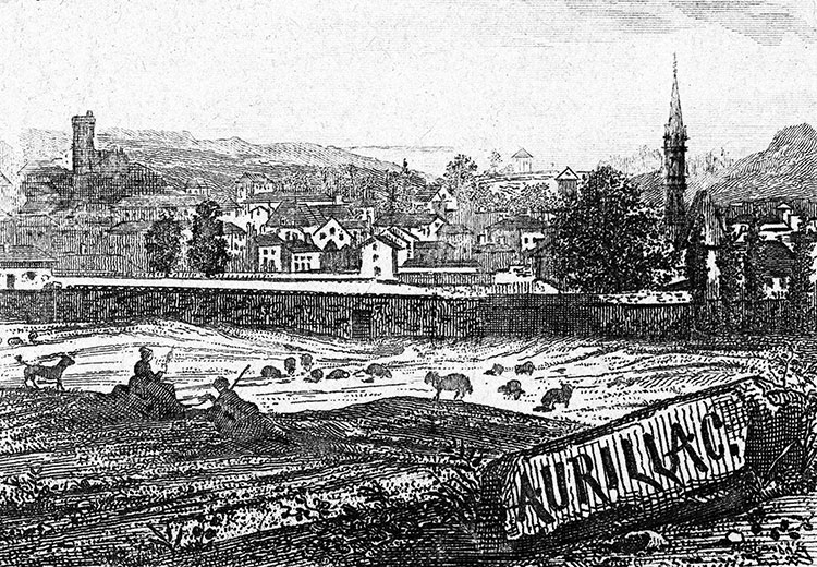 Gravure de la ville d'Aurillac, en 1883 - gravure reproduite et restaurée numériquement par © Norbert Pousseur