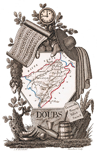 Carte succinte du Doubs vers 1830 - gravure reproduite et restaurée numériquement par © Norbert Pousseur
