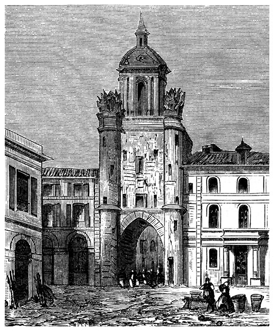Tour de la grosse Horloge de La Rochelle vers 1875 - gravure reproduite et restaurée numériquement par © Norbert Pousseur