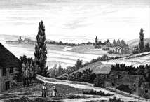 Zoom sur Mézières au milieu des collines vers 1830 - gravure reproduite et restaurée numériquement par © Norbert Pousseur