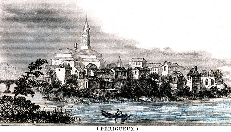 Périgueux le long de l'Isle vers 1850,  - gravure reproduite et restaurée numériquement par © Norbert Pousseur