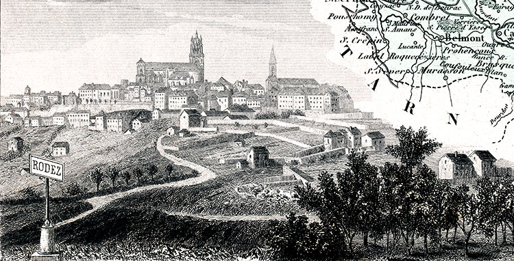 Ville de Rodez, en 1883 -  gravure reproduite et restaurée numériquement par © Norbert Pousseur