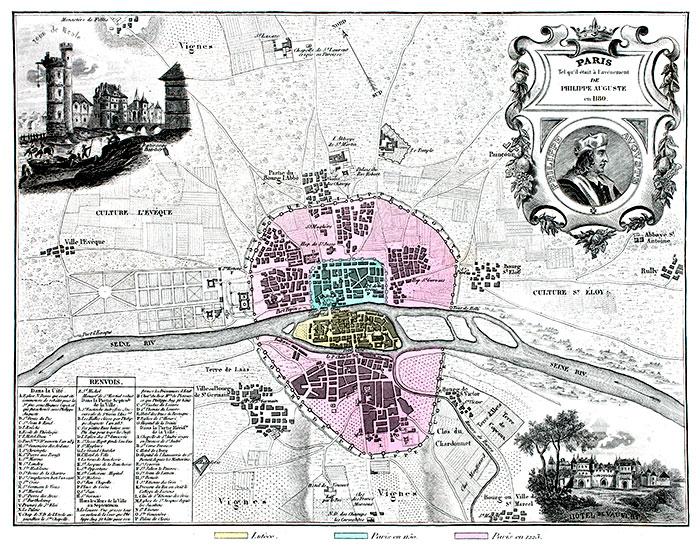 Carte de Paris depuis Lutèce jusqu'en 1223 par Vuillemin - gravure reproduite et restaurée numériquement par © Norbert Pousseur