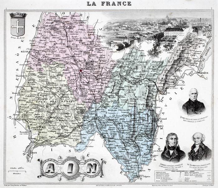 carte de l'Ain en 1883 de Vuillemin - gravure reproduite puis restaurée numériquement par  © Norbert Pousseur