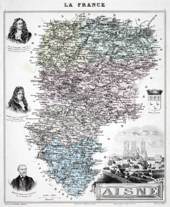 carte de l'Aisne de 1883 - gravure reproduite et restaurée numériquement par © Norbert Pousseur