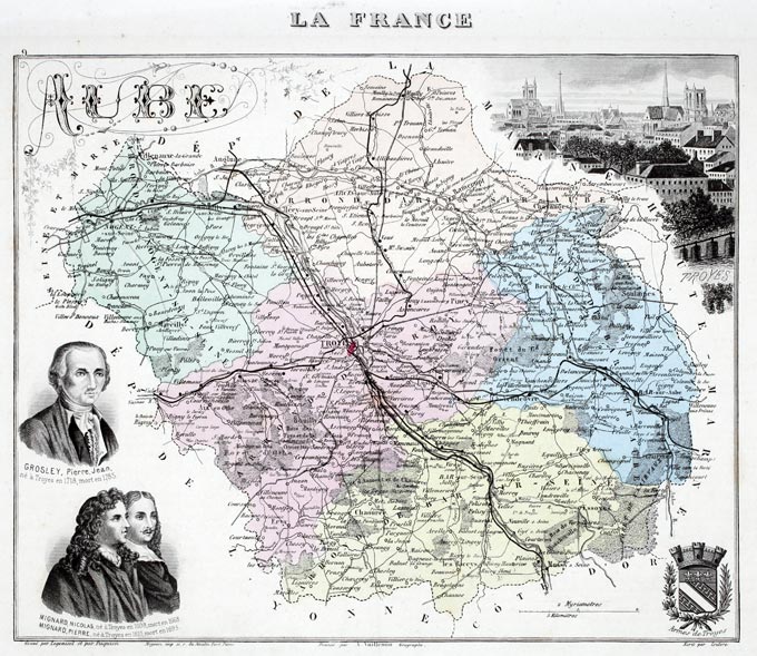 Carte du département de l'Aube en 1883 - gravure reproduite et restaurée numériquement par © Norbert Pousseur