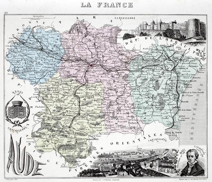 Carte du département de l'Aude en 1883 - gravure reproduite et restaurée numériquement par © Norbert Pousseur