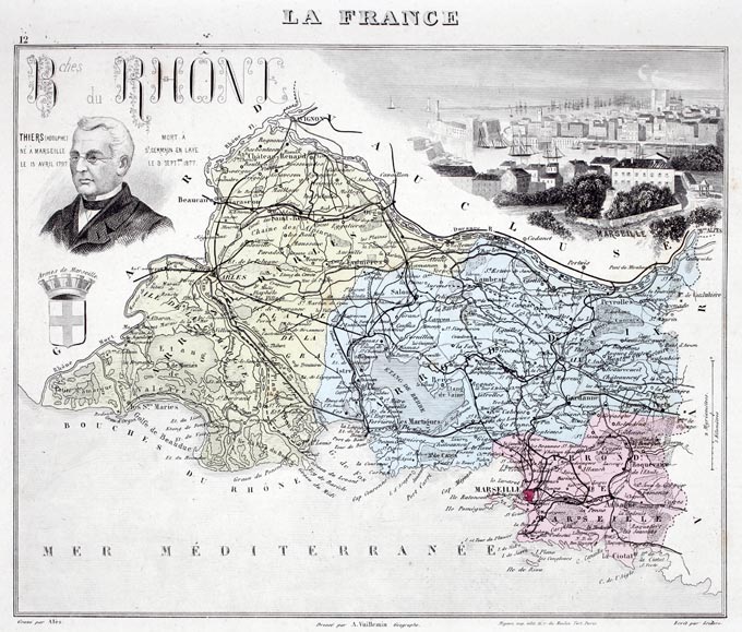 Carte du département des Bouches du Rhone en 1883 - Vuillemin - gravure reproduite et restaurée numériquement par © Norbert Pousseur