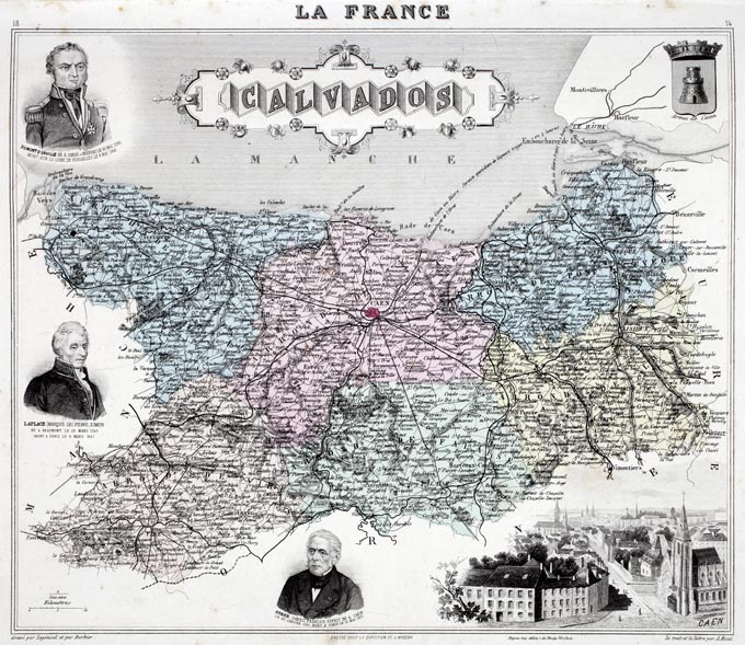 Carte du département du Calvados en 1883 - Vuillemin - gravure reproduite et restaurée numériquement par © Norbert Pousseur