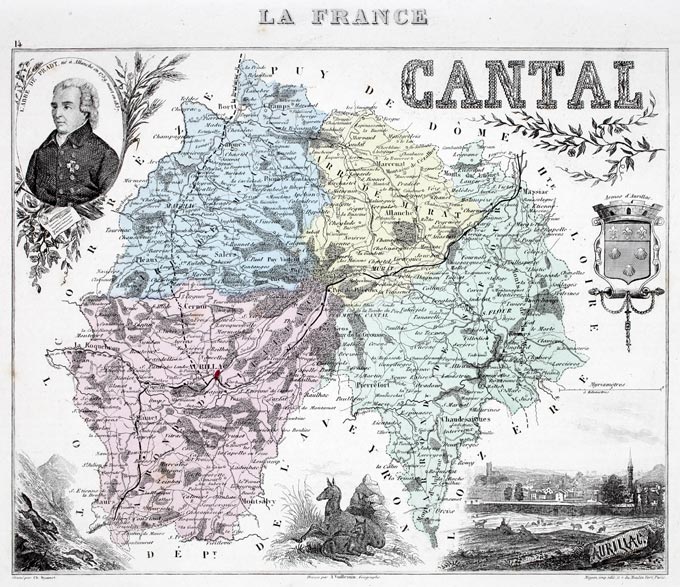 Carte du département du Cantal en 1883 - gravure reproduite et restaurée numériquement par © Norbert Pousseur