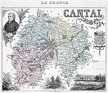 Zoom sur Carte du Cantal par Vuillemin en 1883 - gravure reproduite et restaurée numériquement par © Norbert Pousseur