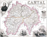 Zoom sur carte du Cantal  par Vuillemin en 1851 - gravure reproduite et restaurée numériquement par © Norbert Pousseur