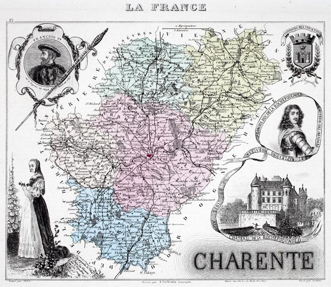 Carte du département de la Charente en 1883 - gravure reproduite et restaurée numériquement par © Norbert Pousseur