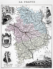 Zoom sur Carte du Cher par Vuillemin en 1883 - gravure reproduite et restaurée numériquement par © Norbert Pousseur