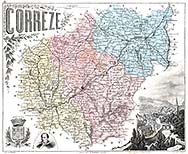 Zoom sur Carte du département de la Corrèze en 1883 - gravure reproduite et restaurée numériquement par © Norbert Pousseur