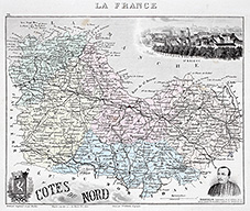 Zoom sur Carte du département des Côtes d'Armor en 1883 - gravure reproduite et restaurée numériquement par © Norbert Pousseur