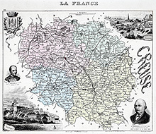 Zoom sur Carte du département de la 
Creuse en 1883 - gravure reproduite et restaurée numériquement par © Norbert Pousseur