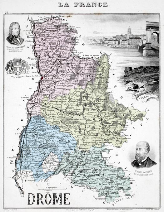 Carte du département de la Drôme en 1883 - Vuillemin - gravure reproduite et restaurée numériquement par © Norbert Pousseur