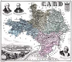 Zoom sur Carte du département du Gard en 1883 - gravure reproduite et restaurée numériquement par © Norbert Pousseur