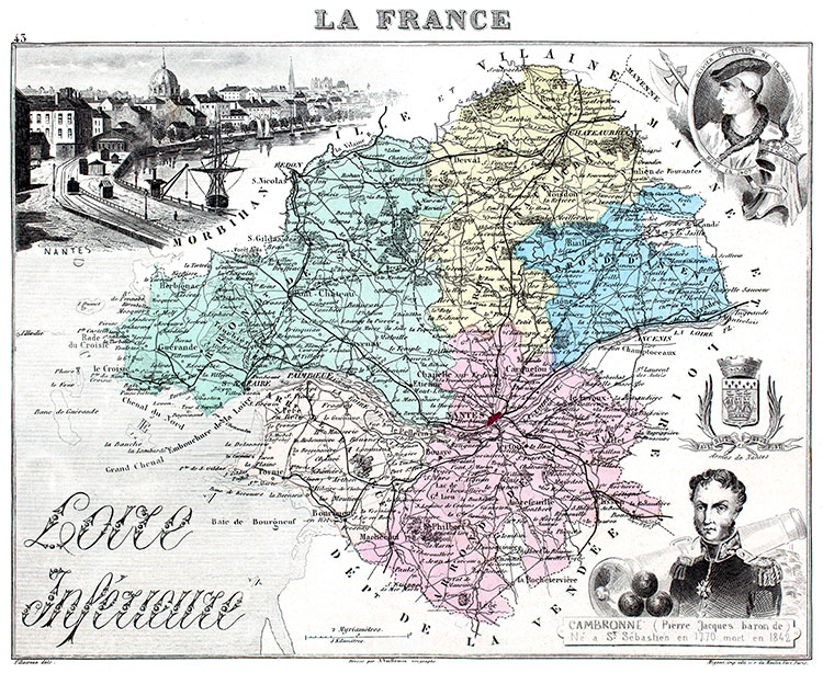 Carte du département de la Loire Inférieure en 1883 - gravure reproduite et restaurée numériquement par © Norbert Pousseur