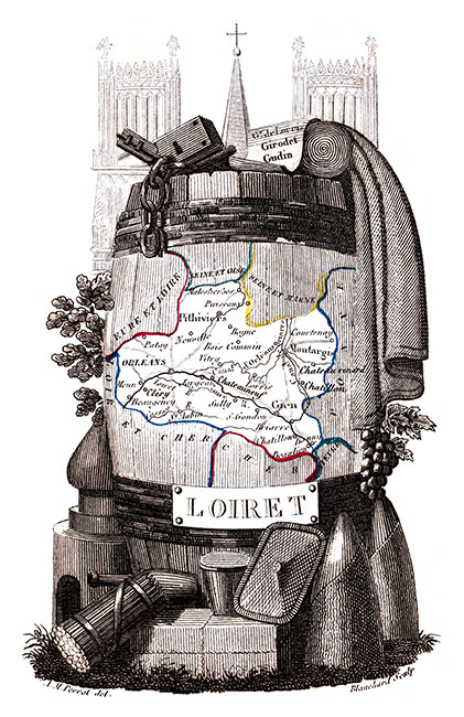 Carte succinte du Loiret vers 1830 - gravure reproduite et restaurée numériquement par © Norbert Pousseur