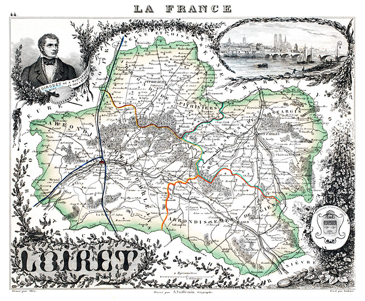 Carte du département du Loiret en 1851 - gravure reproduite et restaurée numériquement par © Norbert Pousseur