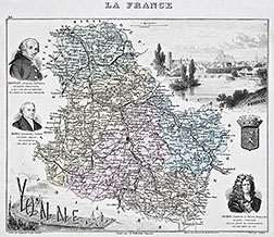 Zoom sur Carte du département de L'Yonne en 1883 - gravure reproduite et restaurée numériquement par © Norbert Pousseur