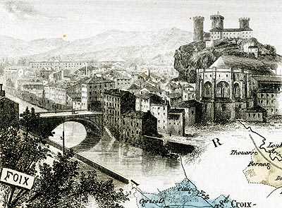 Gravure de la ville de Foix, en 1883 - gravure reproduite et restaurée numériquement par © Norbert Pousseur