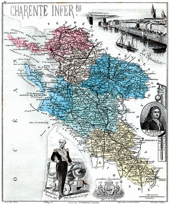 Carte du département de la Charente inférieure en 1883 - gravure reproduite et restaurée numériquement par © Norbert Pousseur