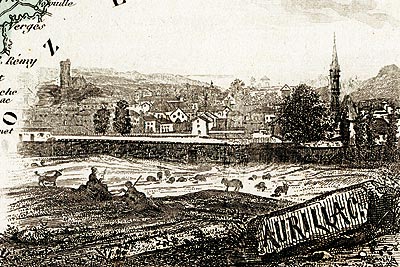 Gravure de la ville d'Aurillac, en 1883 - reproduction © Norbert Pousseur