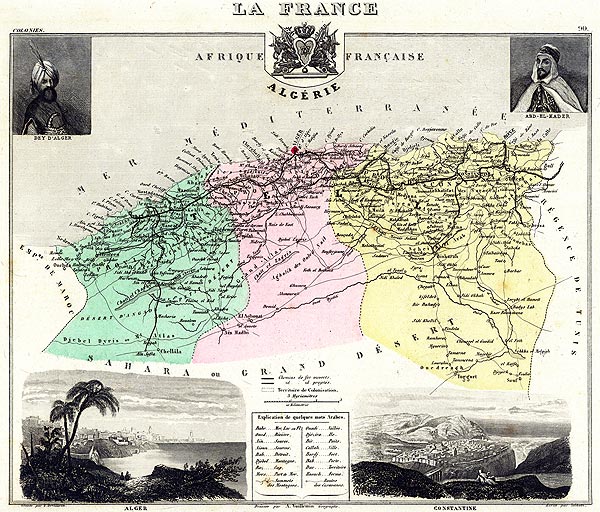 Carte de l'Algérie en 1883 - gravure reproduite et restaurée numériquement par © Norbert Pousseur