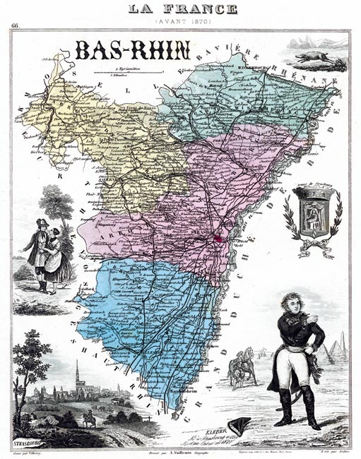 Carte du Bas Rhin avant 1870 par Vuillemin - gravure reproduite et restaurée numériquement par © Norbert Pousseur