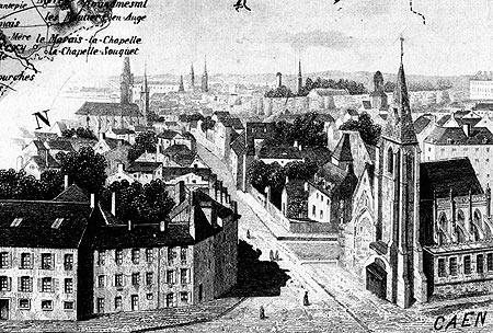 Gravure de la ville de Caen, en 1883 - gravure reproduite puis restaurée numériquement par  © Norbert Pousseur