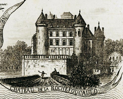 Gravure du château de la Rochefoucauld, en 1883 - gravure reproduite puis restaurée numériquement par  © Norbert Pousseur