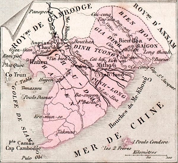 Carte de la Cochinchine en 1883 - gravure reproduite et restaurée numériquement par © Norbert Pousseur