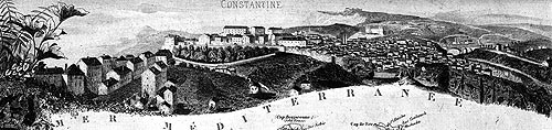 Gravure de Constantine sur sa colline, en 1883 - gravure reproduite et restaurée numériquement par © Norbert Pousseur