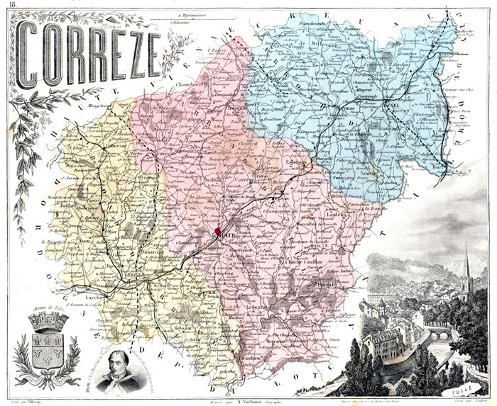 Carte du département de la Corrèze en 1883 - gravure reproduite et restaurée numériquement par © Norbert Pousseur