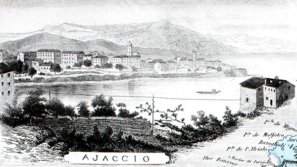 Gravure de la ville d'Ajaccio, en 1883, gravure reproduite et restaurée numériquement par © Norbert Pousseur