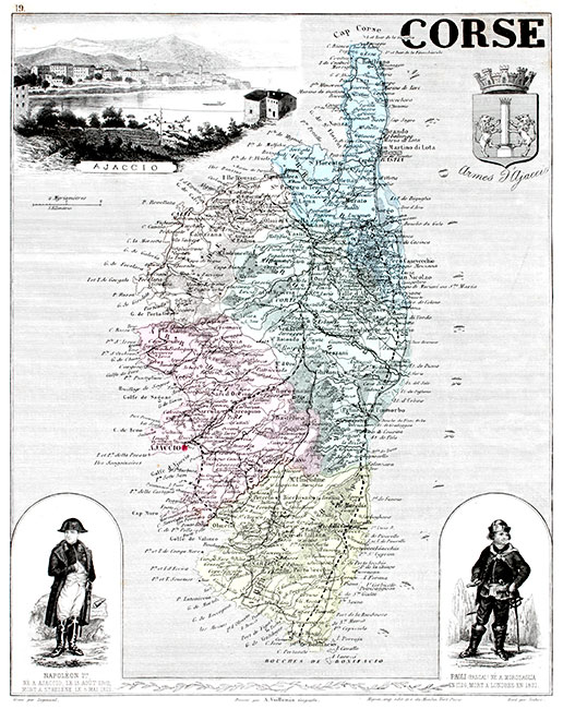 Carte du département de la Corse en 1883, gravure reproduite et restaurée numériquement par © Norbert Pousseur