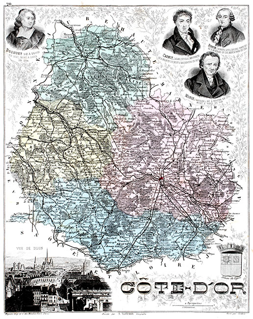 Carte du département de la Côte d'Or, gravure reproduite et restaurée numériquement par © Norbert Pousseur