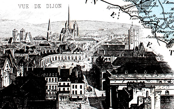 Gravure de la ville de Dijon, en 1883, gravure reproduite et restaurée numériquement par © Norbert Pousseur