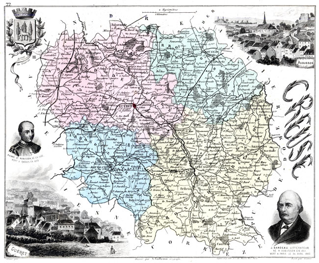 Carte du département de la 
Creuse en 1883 - gravure reproduite et restaurée numériquement par © Norbert Pousseur