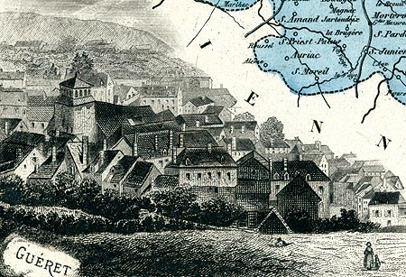 Gravure de la ville de Guéret, en 1883 - reproduction © Norbert Pousseur